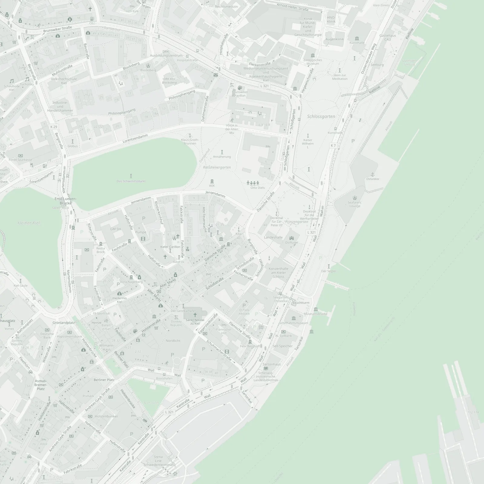 Stadtplan der Kieler Altstadt an der Förde, mit einer Markierung auf der Burgstraße 2